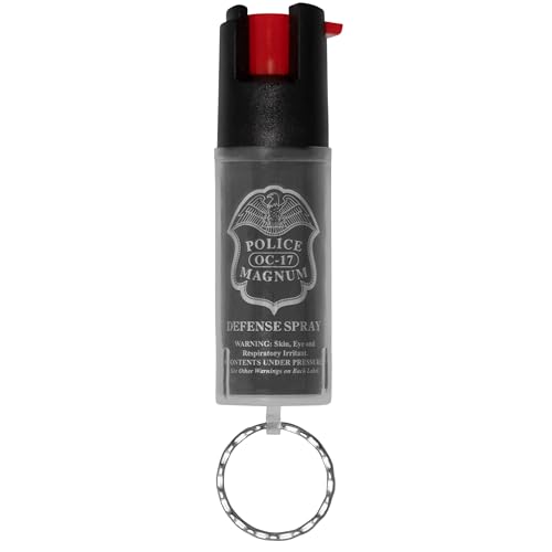 Police Magnum Mini Pepper Spray Self Defense Safety Tool- Strong Built-in Keyring Holder- Small Discreet Canister Case- Made in The USA- 1 Pack 1/2oz Twist Lock Clear Sleeve Keyring