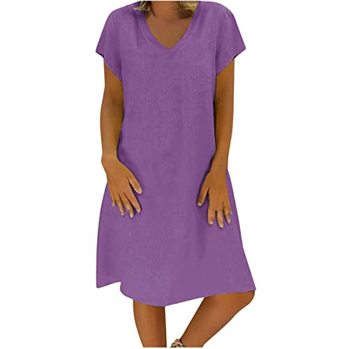 Generic Today Deals Women's Cotton Linen Knee Length Dress V Neck Short Sleeve Causal Loose Tshirt Dresses Summer Loose Shift Tunic Dress Vestido Mujer Elegante Purple, 3X-Large