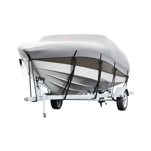 VEVOR Boat Cover 14-16 ft Trailerable Waterproof Boat Cover, 600D Marine Grade PU Oxford Bass Boat Cover, with Motor Cover and Buckle Straps, for V-Hull, Tri-Hull, Fish Ski Boat, Runabout, Grey