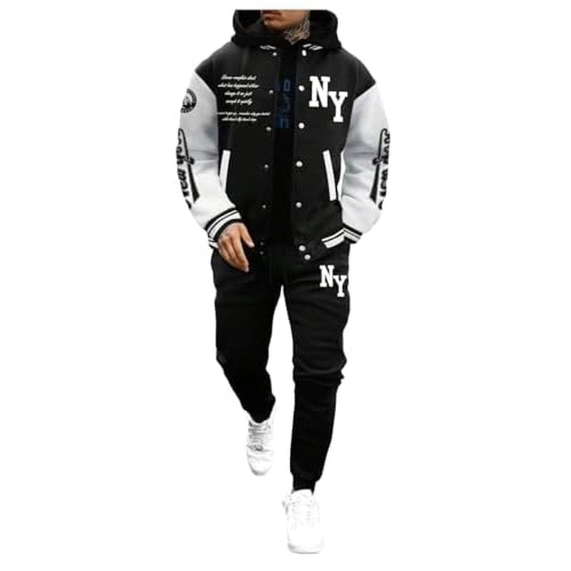 SOLY HUX Men's Tracksuit 2 Piece Outfits Color Block Letter Graphic Long Sleeve Varsity Jacket and Pants Set