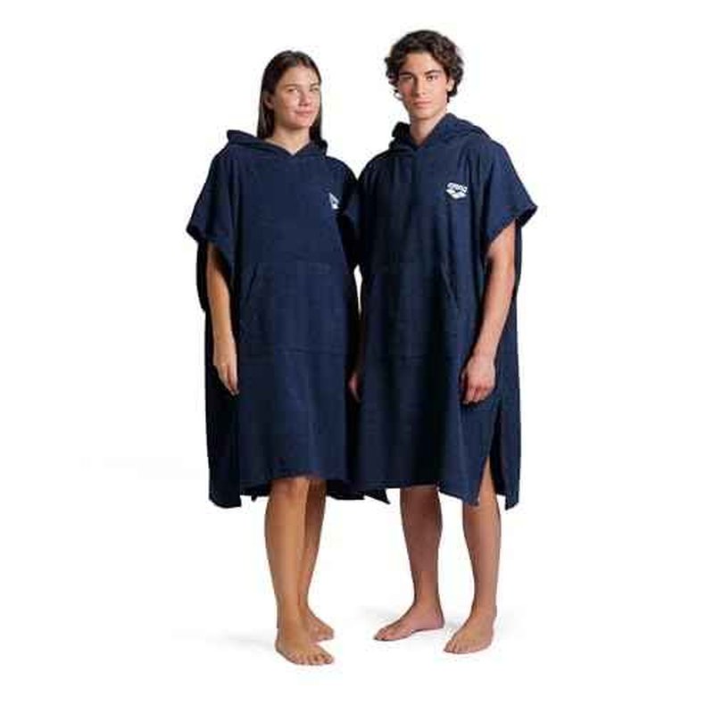 ARENA Unisex Cotton Poncho Soft Hooded Towel with Front Pocket Easy Changing Post Swim Warmth and Comfort for Beach Pool or Surf, Navy/White, Large/X-Large