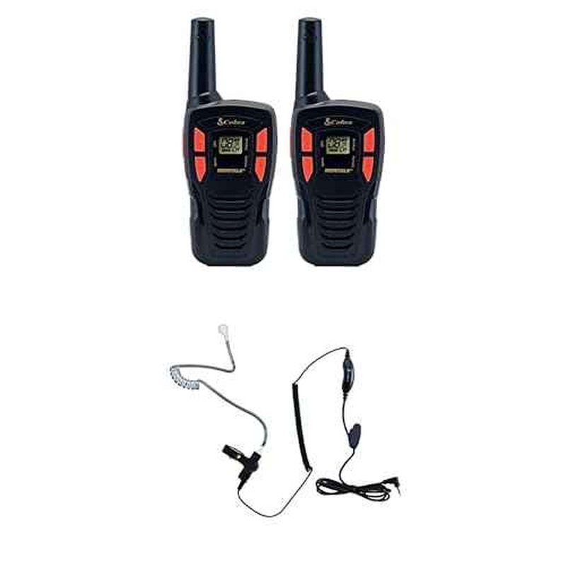 Cobra ACXT145 Compact and Lightweight Walkie Talkies for Adults & Compatible Cobra Surveillance Headset: Rechargeable, 22 Channels, Long-Range, 2 Two-Way Radios, 2 Headsets, Black/Orange