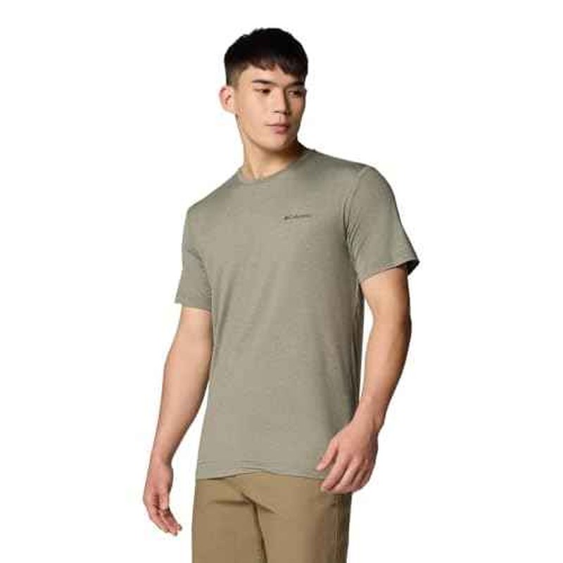 Columbia Men's Kwick Hike Back Graphic Short Sleeve Tee, Stone Green Heather/Linear View Multi, Medium