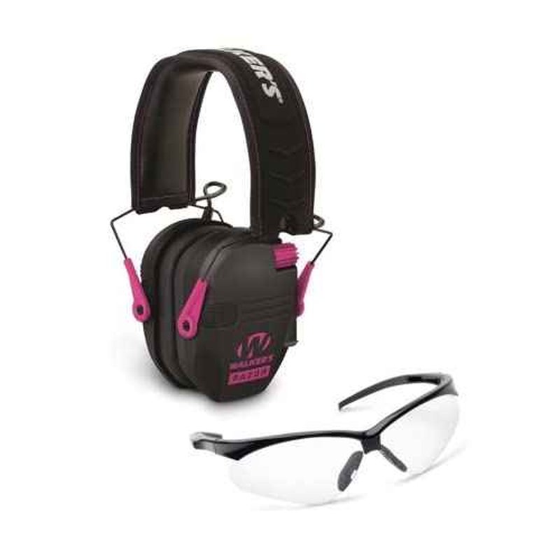 Walker's Razor Slim Electronic Hearing Protection Muffs with Sound Amplification and Suppression and Shooting Glasses Kit, Black/Pink
