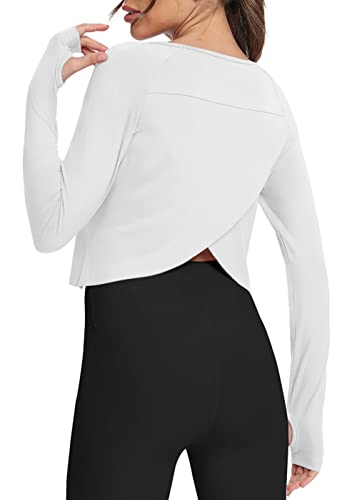 Bestisun Long Sleeve Workout Shirts Yoga Dance Top Split Back Gym Tennis Sports Exercise Training Shirt Women Stretch Fitness Crop Tops White M