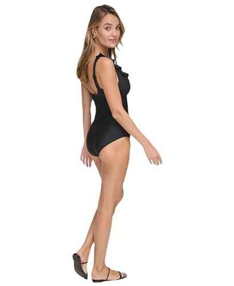DKNY Women's Ruffle V-Neck One Piece Swimsuit with Tummy Control, Black, Large