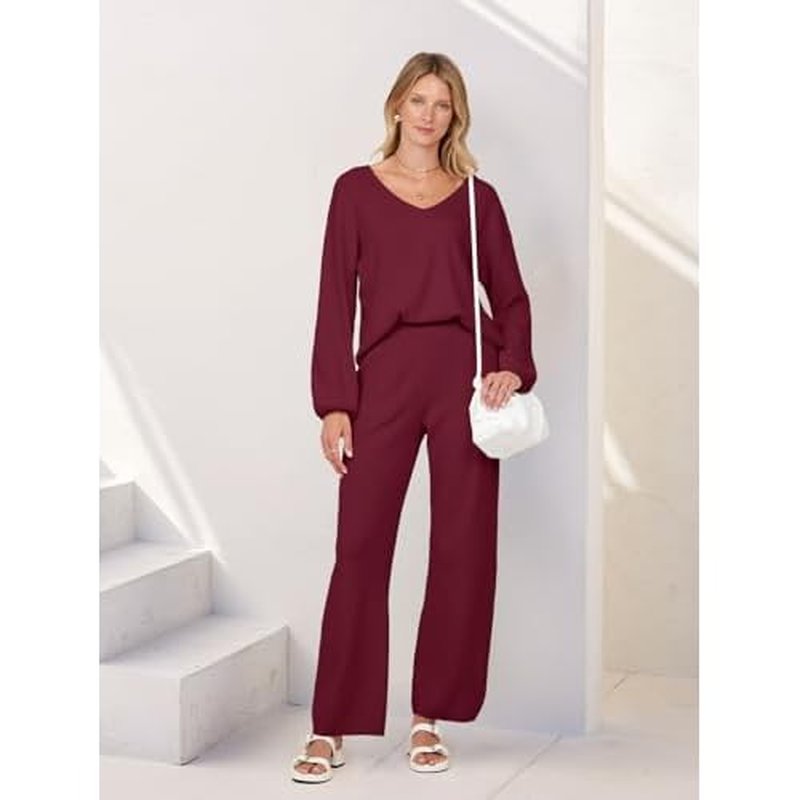 MEROKEETY Women's 2 Piece Outfits Lounge Sets Fall Winter Long Sleeve Knit Sweater Wide Leg Pant Matching Set
