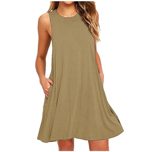 Borniu Summer Dresses for Women 2024 Casual Beach Sleeveless Tank Dress Crewneck Swing T Shirt Dresses Pockets Loose Sundress