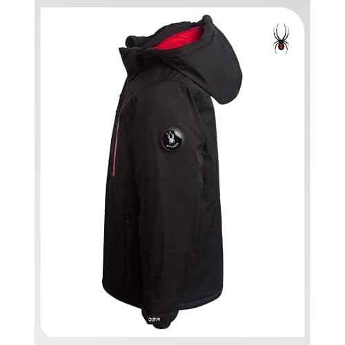 Spyder Boys Winter Ski Jacket - Insulated Soft Shell Water Resistant and Windproof Snowboard Winter Coat with Detachable Hood, Size 10-12, Black