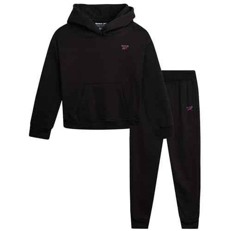 Reebok Girls Sweatsuit Set - 2 Piece Soft Long Sleeve Hoodie Sweatshirt and Sweatpants for Girls - Athletic Sweatsuit, Size 8, Black