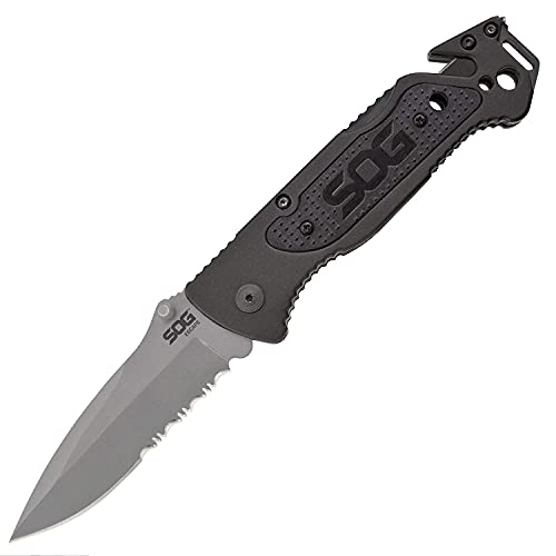 SOG Escape Tactical Folding Pocket Knife- 3.4 Inch Serrated Edge Blade Knife w/ Glass Breaker, Wire Stripper and Line Cutter Blades-Satin (FF25-CP),Black