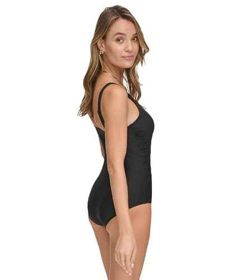 DKNY Women's Over The Shoulder One Piece Swimwuit with Tummy Control, Black, X-Large