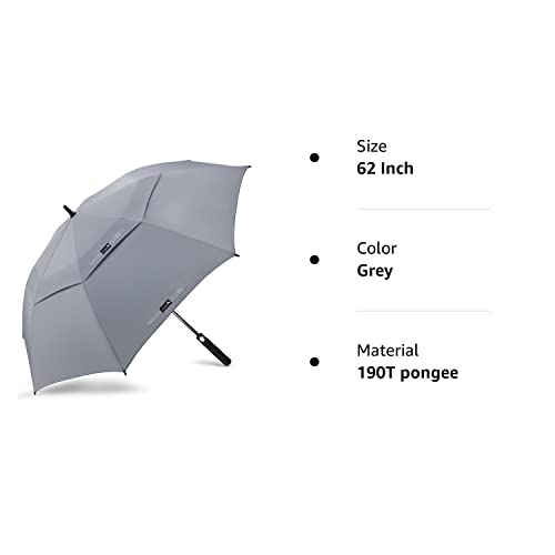 ZOMAKE Large Golf Umbrella 62 Inch - Double Canopy Vented Golf Umbrellas for Rain Windproof Automatic Open Golf Push Cart Umbrella Oversize Stick Umbrellas for Men Women(Grey)