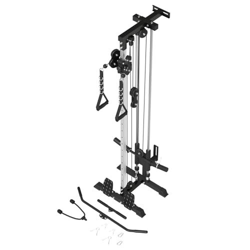 ER KANG Cable Station Wall Mount, 18 Height Pulley Tower, Dual Pulley System, High and Low Cable Machine, LAT Pull-Down & LAT Row LAT Tower with Flip-Up Footplate, Home Gym Cable Crossover, Black