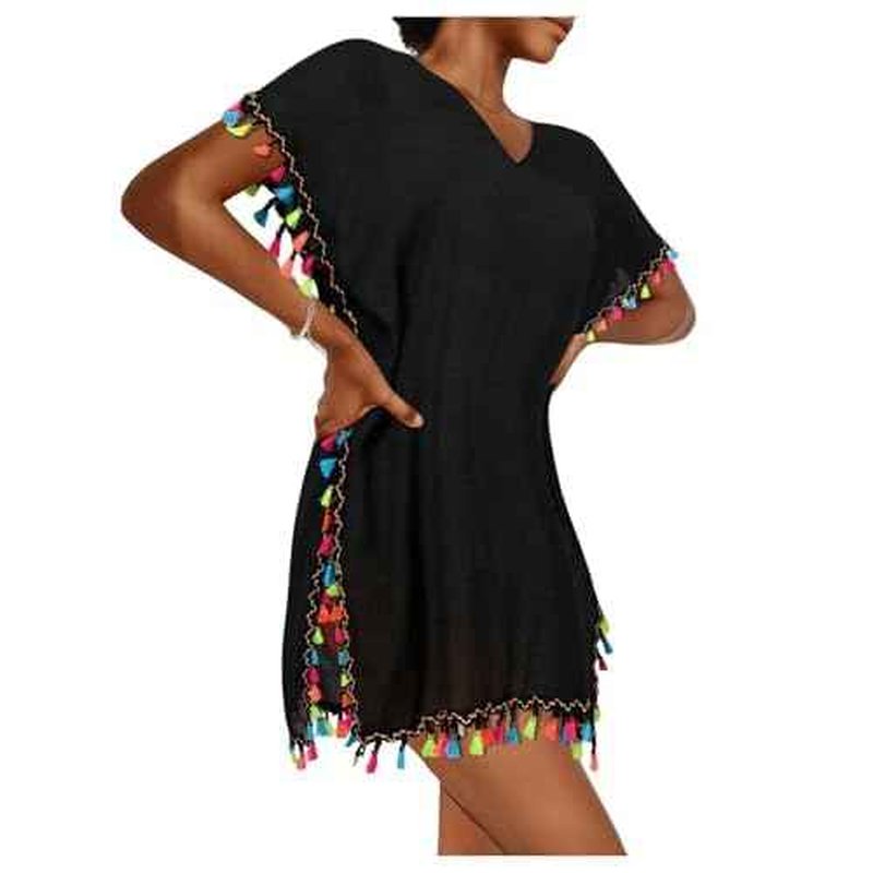MakeMeChic Women's Swimsuit Cover Up Tassel Short Sleeve Bathing Suit Beach Coverups