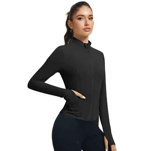 LOMON Women's Athletic Jackets Cropped Long Sleeve Workout Tops Yoga Zip Up Jackets Gym Tops Golf Shirts