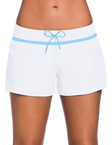 ChinFun Board Shorts Women's Swimswear Tankini Swim Briefs Side Split Swimsuit Bottom Waistband Stretch Boardshorts Beach Trunks Inner Lining White & Sky Blue Size L