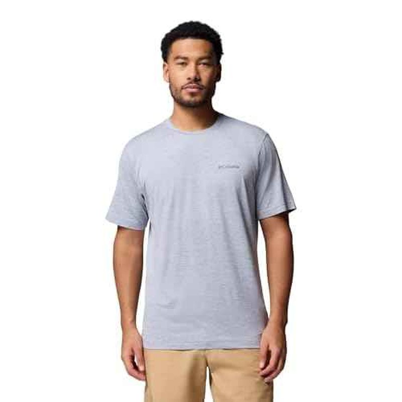 Columbia Mens Kwick Hike Back Graphic Short Sleeve Tee, Tradewinds Grey Heather/Linescape, X-Large