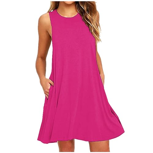 Borniu Summer Dresses for Women 2024 Casual Beach Sleeveless Tank Dress Crewneck Swing T Shirt Dresses Pockets Loose Sundress