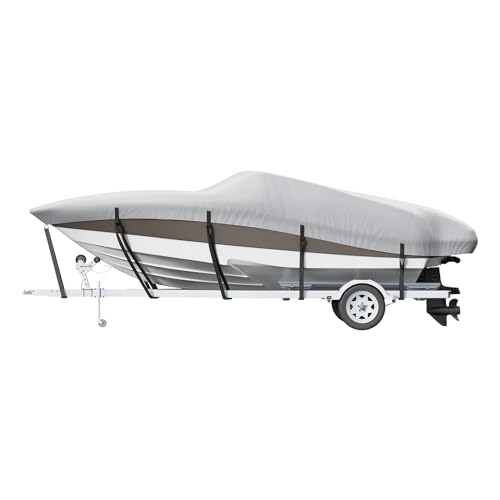 VEVOR Boat Cover 14-16 ft Trailerable Waterproof Boat Cover, 600D Marine Grade PU Oxford Bass Boat Cover, with Motor Cover and Buckle Straps, for V-Hull, Tri-Hull, Fish Ski Boat, Runabout, Grey