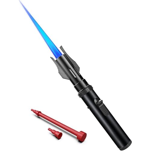Bright Fire Torch Lighter Butane Refillable, Long Jet Flame Butane Lighter with Long Handle, Adjustable Windproof Lighters for Cooking Fireplace Camping BBQ Lighters Gift for Man (Without Fuel) Black