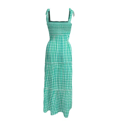 Summer Dress Deals Women's 2024 Summer Casual Dress Boho Tie Shoulder Smocked Dress Elastic Waist Tiered Plaid Midi Dress,Summer Clothes Green