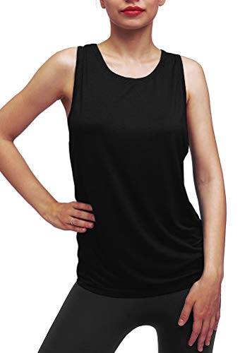 Mippo Womens Workout Yoga Tops Open Back Shirts Athletic Tank Tops Gym Exercise Fitness Active Tee Shirts Cute Work Out Clothes for Women Black L