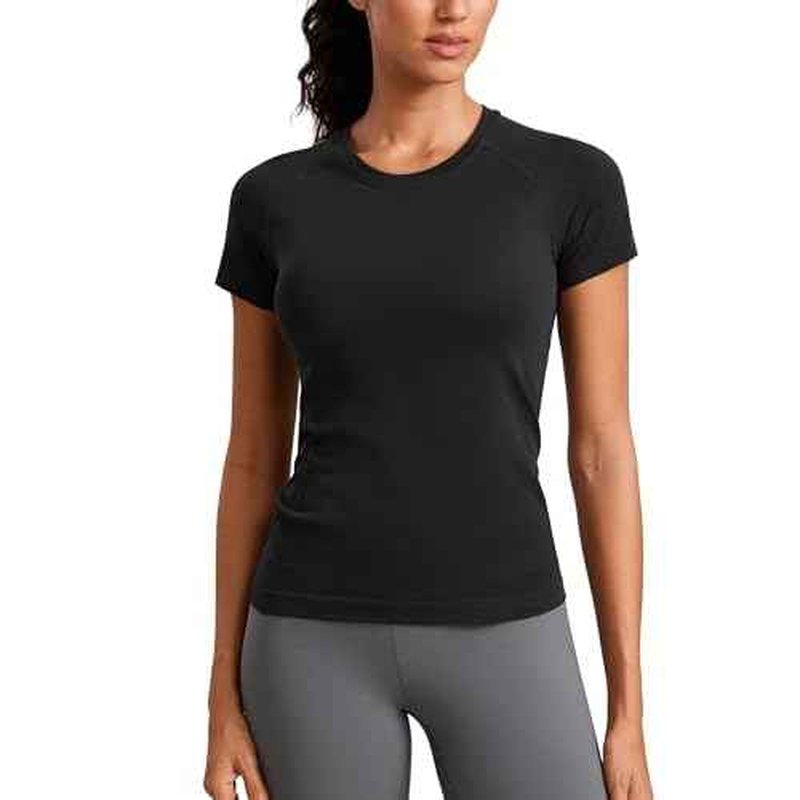 CRZ YOGA Seamless Workout Tops for Women Hip Length - Athletic Running Gym Yoga Short Sleeve Shirts Breathable Crewneck Tees