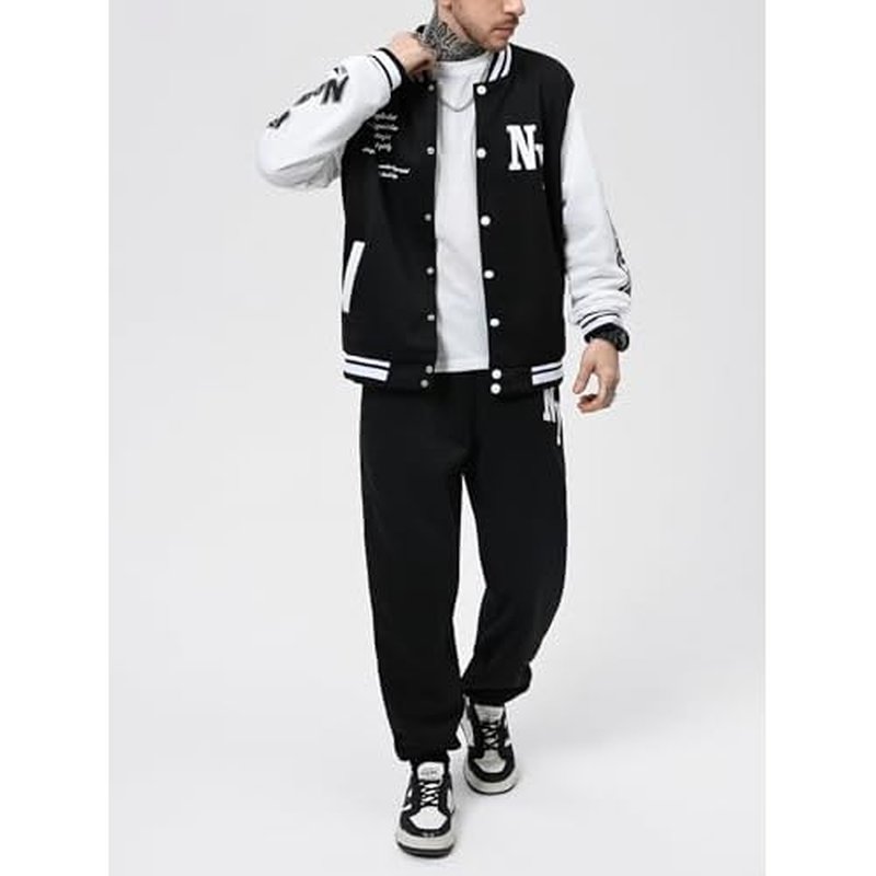 SOLY HUX Men's Tracksuit 2 Piece Outfits Color Block Letter Graphic Long Sleeve Varsity Jacket and Pants Set