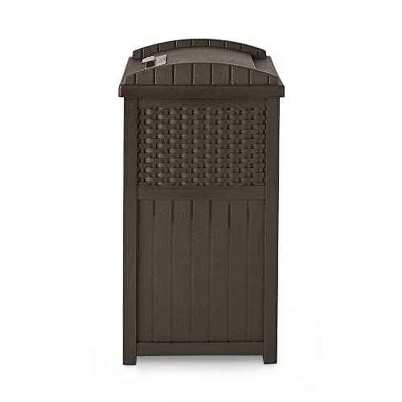Suncast 33 Gallon Commercial Outdoor Trashcan Hideaway with Lid for 30 to 33 Gallon Trash Bags for Garage, Backyard, or Garden, Brown