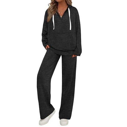 PRETTYGARDEN Womens 2 Piece Outfits Fall Sweatsuits Oversized V Neck Hoodie Wide Leg Sweatpants Travel Tracksuit Lounge Sets