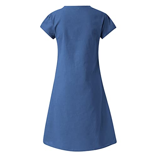 Generic Prime of Day Deals Today 2024 Clearance Women's Cotton Linen Knee Length Dress V Neck Short Sleeve Causal Loose Tshirt Dresses Summer Loose Shift Tunic Dress Vestido Verano Mujer Blue