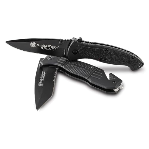 Smith & Wesson SWATMB 7.5in High Carbon Stainless Steel Assisted Opening Knife with 3.2in Drop Point Blade and Aluminum Handle for Outdoor, Tactical, Survival and EDC, Black