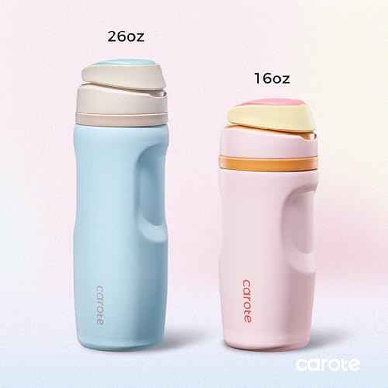 CAROTE Insulated Stainless Steel Water Bottle 2 Pack, Cute Water Bottle with Handle, Dual Drink Spout with BPA-Free Straw, Great for School, Sports and Travel (16 Oz Pink & 26 Oz Blue)