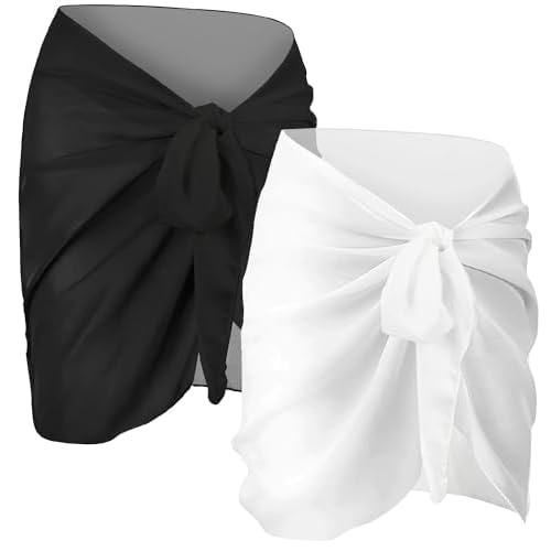 2pcs Beach Cover Up for Women, Chiffon Sarong Swimsuit Coverup for Pool, Summer Resort Wear Black White