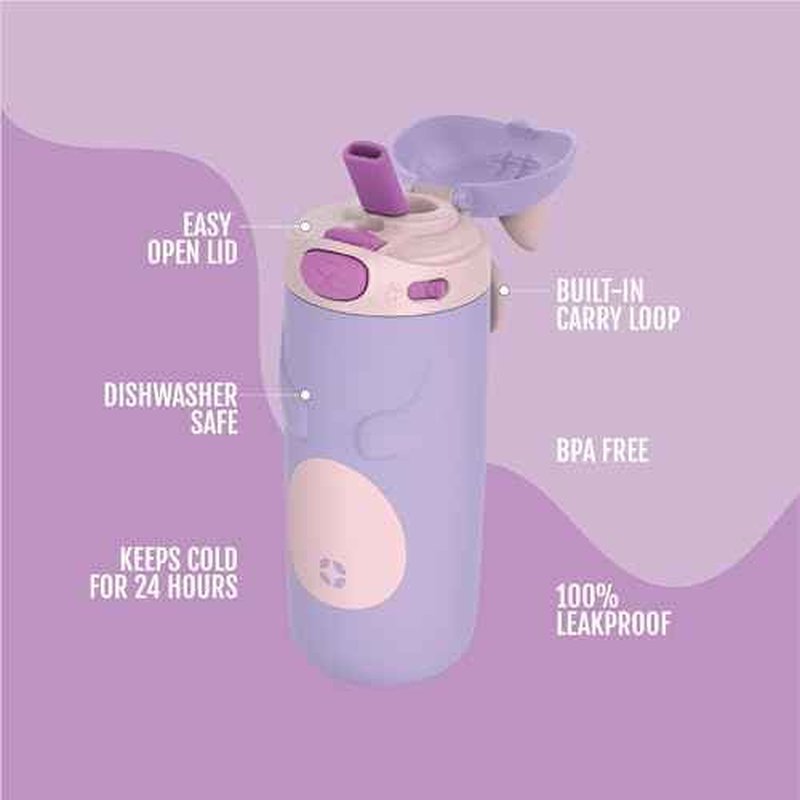 Ello Ellies 12oz Vacuum Insulated Stainless Steel Kids Water Bottle with Straw and Built-in Carrying Handle and Leak-Proof Locking Lid for School Backpack, Lunchbox and Outdoor Sports, Cat