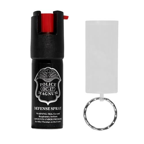 Police Magnum Mini Pepper Spray Self Defense Safety Tool- Strong Built-in Keyring Holder- Small Discreet Canister Case- Made in The USA- 1 Pack 1/2oz Twist Lock Clear Sleeve Keyring