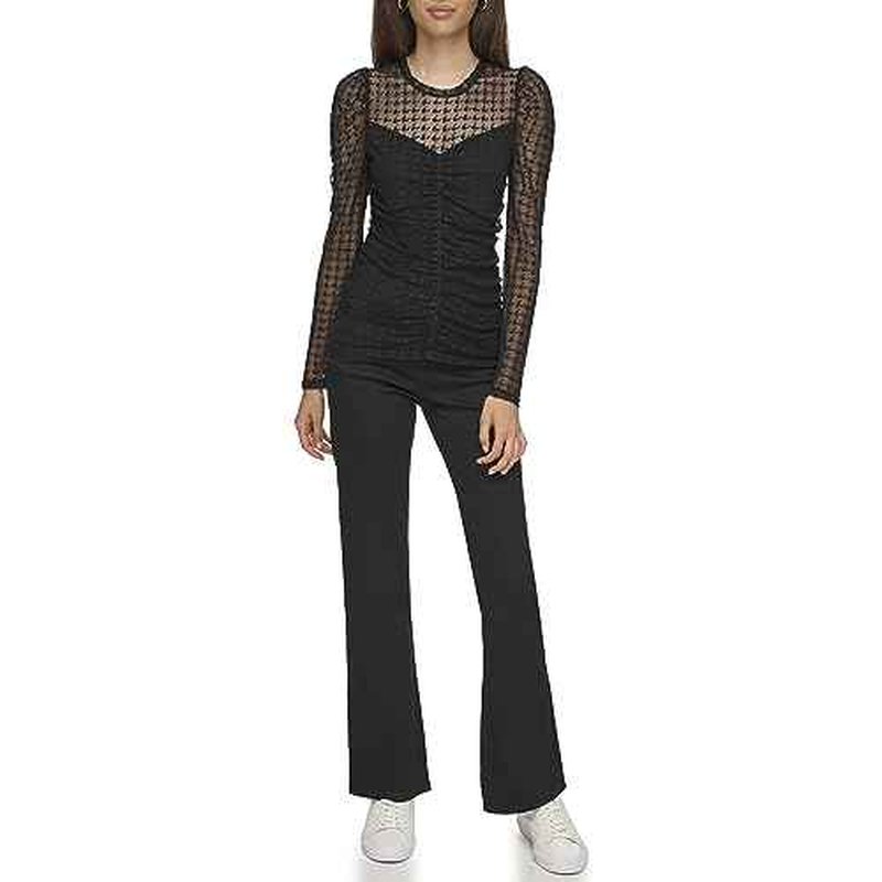 KARL LAGERFELD Womens Houndstooth Mesh Long Sleeve Blouse