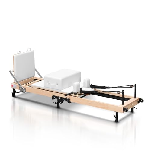 Foverós Pilates Reformer,Wood Foldable Pilates Machine & Equipment with Reformer Accessories,Reformer Box,Jump Board,Foot Strap (White)