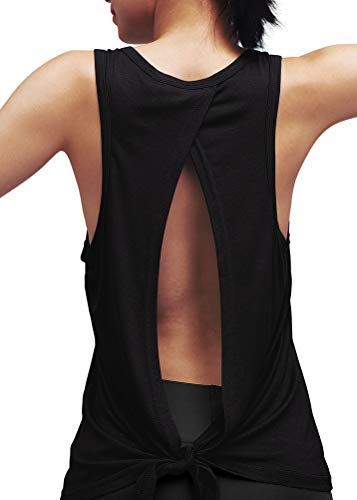 Mippo Womens Workout Yoga Tops Open Back Shirts Athletic Tank Tops Gym Exercise Fitness Active Tee Shirts Cute Work Out Clothes for Women Black L