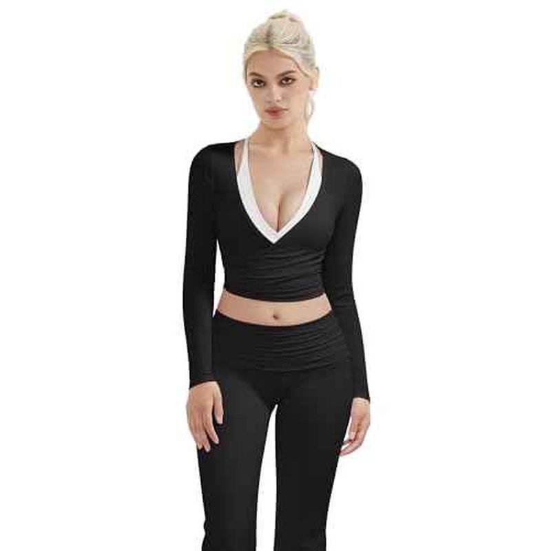 SUUKSESS Women Pilates Wrap Workout Cropped Top Ribbed Long Sleeve V Neck Tie Front Ballet Yoga Shrug Blouse