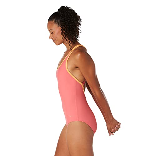 Speedo Women's Standard Swimsuit One Piece Contrast Binding High Cut, Sun Kissed Coral