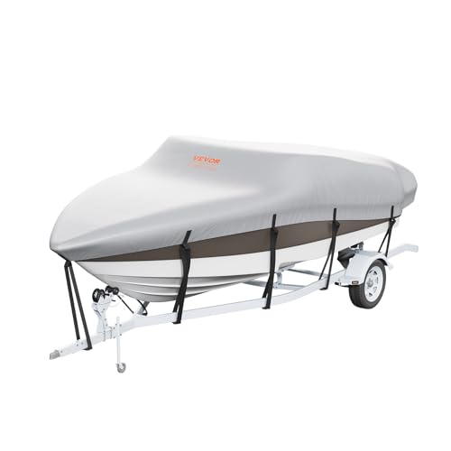 VEVOR Boat Cover 14-16 ft Trailerable Waterproof Boat Cover, 600D Marine Grade PU Oxford Bass Boat Cover, with Motor Cover and Buckle Straps, for V-Hull, Tri-Hull, Fish Ski Boat, Runabout, Grey