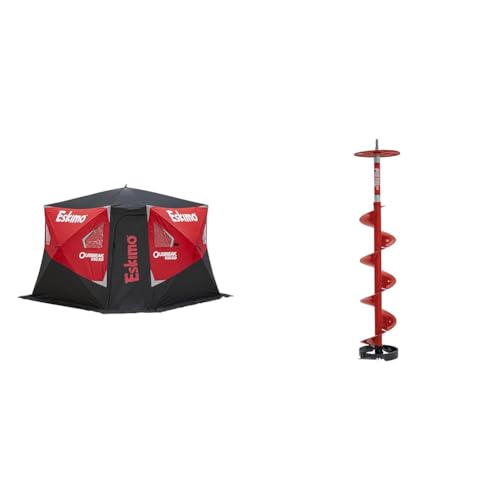 Eskimo Outbreak 650XD Pop-up Portable Insulated Ice Fishing Shelter, 94 sq ft. Fishable Area, 5-7 Person, Red/Black, 143" x 135" & 35600 Pistol Bit 8" Ice Auger Drill Adaptive Ice Auger