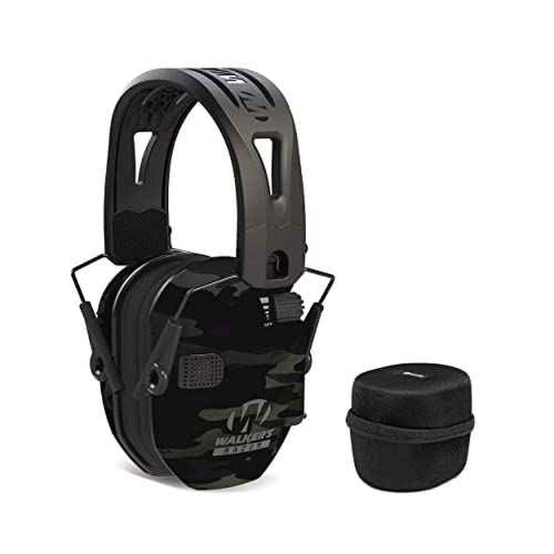 Walkers Tacti-Grip Lightweight Shooting Hunting Range Slim Hearing Protection Muff with Rubber Headband (Multi Camo Gray) Bundle with Protective Case (2 Items)