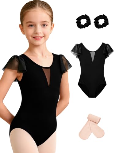 Girls 12Y Black Mesh Ballet Leotard with Tights - DYDIGOO