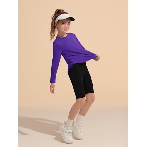 Haloumoning Girls Athletic Shirts Kids Long Sleeve Active Sports T Shirts Quick Dry Tunic Tops Basic Tees 5-14 Years