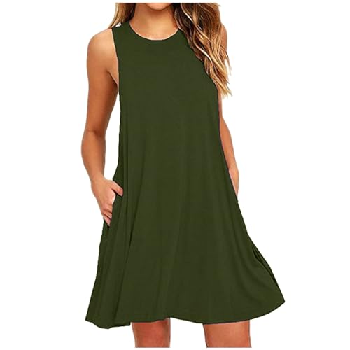 Borniu Summer Dresses for Women 2024 Casual Beach Sleeveless Tank Dress Crewneck Swing T Shirt Dresses Pockets Loose Sundress