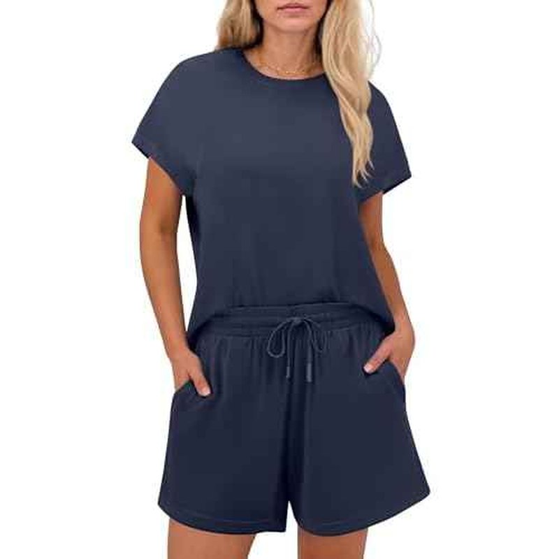 PINSPARK 2 Piece Sets for Women Summer Crewneck Matching Shorts Lounge Set with Pockets Casual Travel Outfits 2025 Trendy