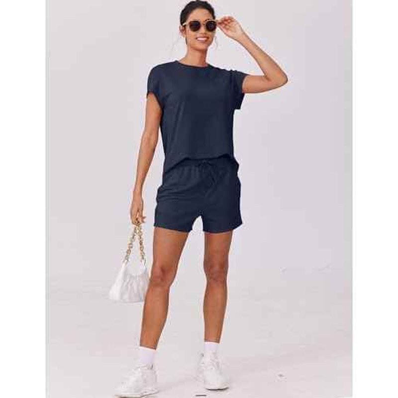 PINSPARK 2 Piece Sets for Women Summer Crewneck Matching Shorts Lounge Set with Pockets Casual Travel Outfits 2025 Trendy